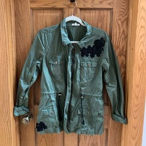 Army green jacket with black flowers
